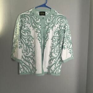 Bob Mackie Wearable Art White & Mint Lightweight Cardigan, Sz XXS
